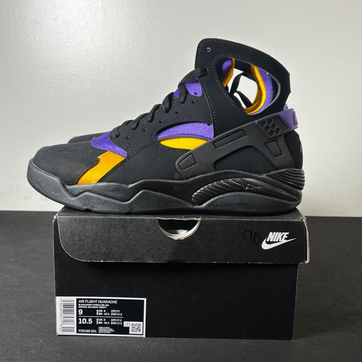 Nike Air Flight Huarache Lakers Away 9 (Lightly Worn Pre-Owned)NikeBlack/Varsity Purple/Del Sol - Image 3