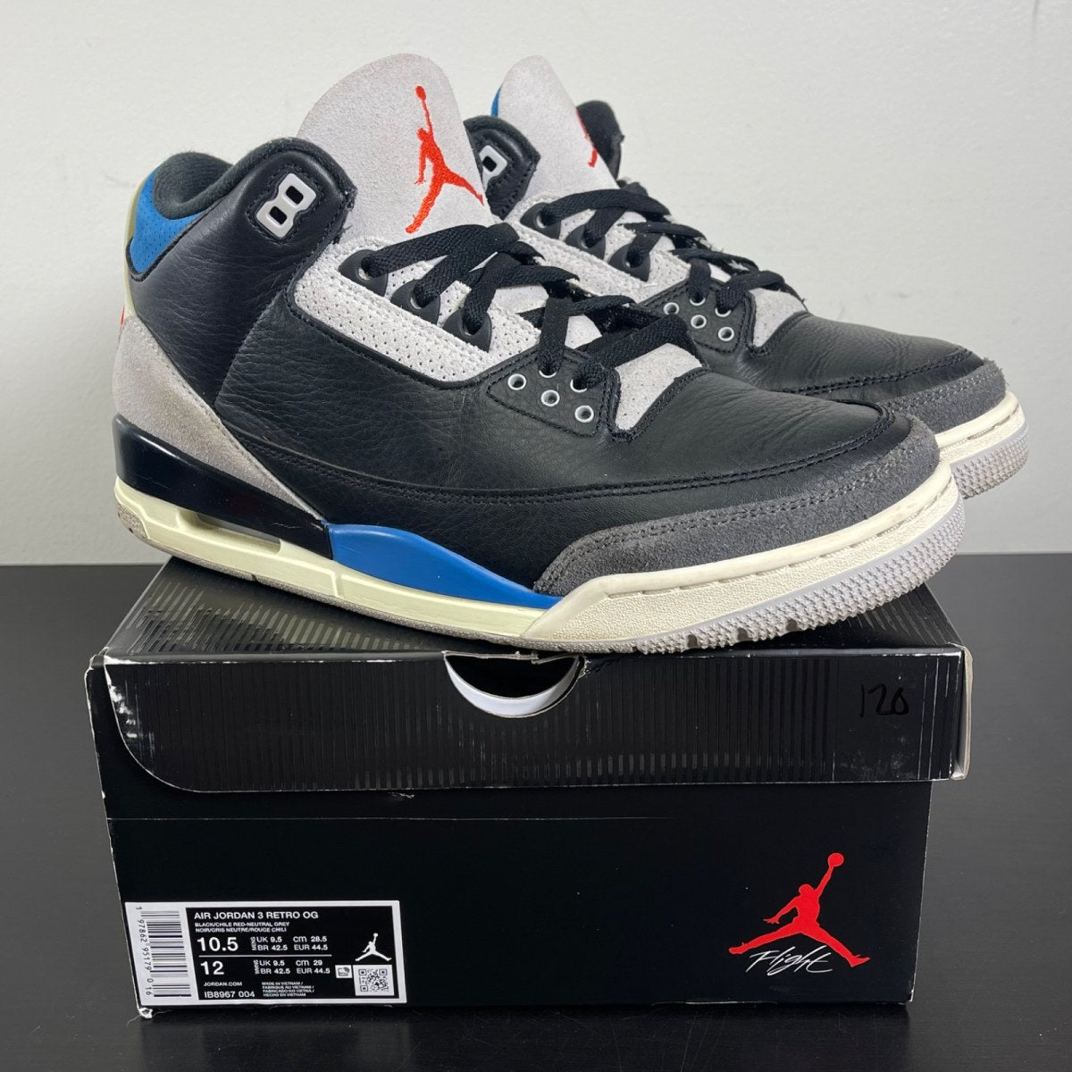 Jordan 3 Retro OG Rare Air 10.5 (Moderately Worn Pre-Owned)JordanBlack/Chile Red/Neutral Grey/Military Blue/Coconut Milk - Image 1