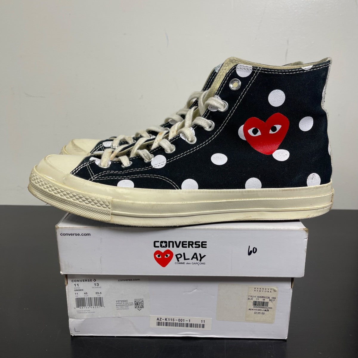 Converse Chuck Taylor All Star 70 Hi Comme des Garcons PLAY Polka Dot Black 11 (Moderately Worn Pre-Owned)ConverseBlack/White-Red - Image 3