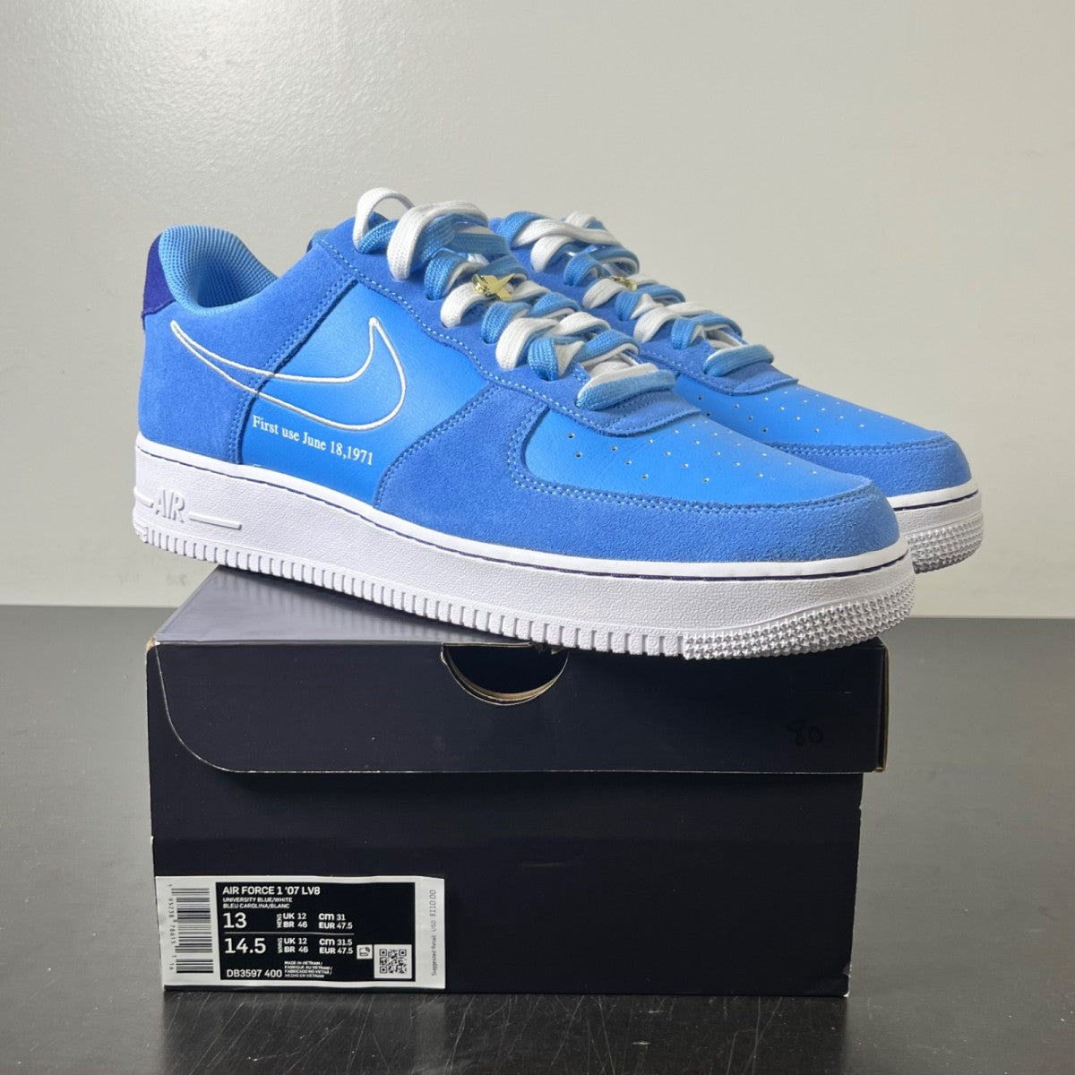 Nike Air Force 1 Low First Use University Blue 13 (Lightly Worn Pre-Owned)NikeUniversity Blue/White/Deep Royal Blue - Image 1
