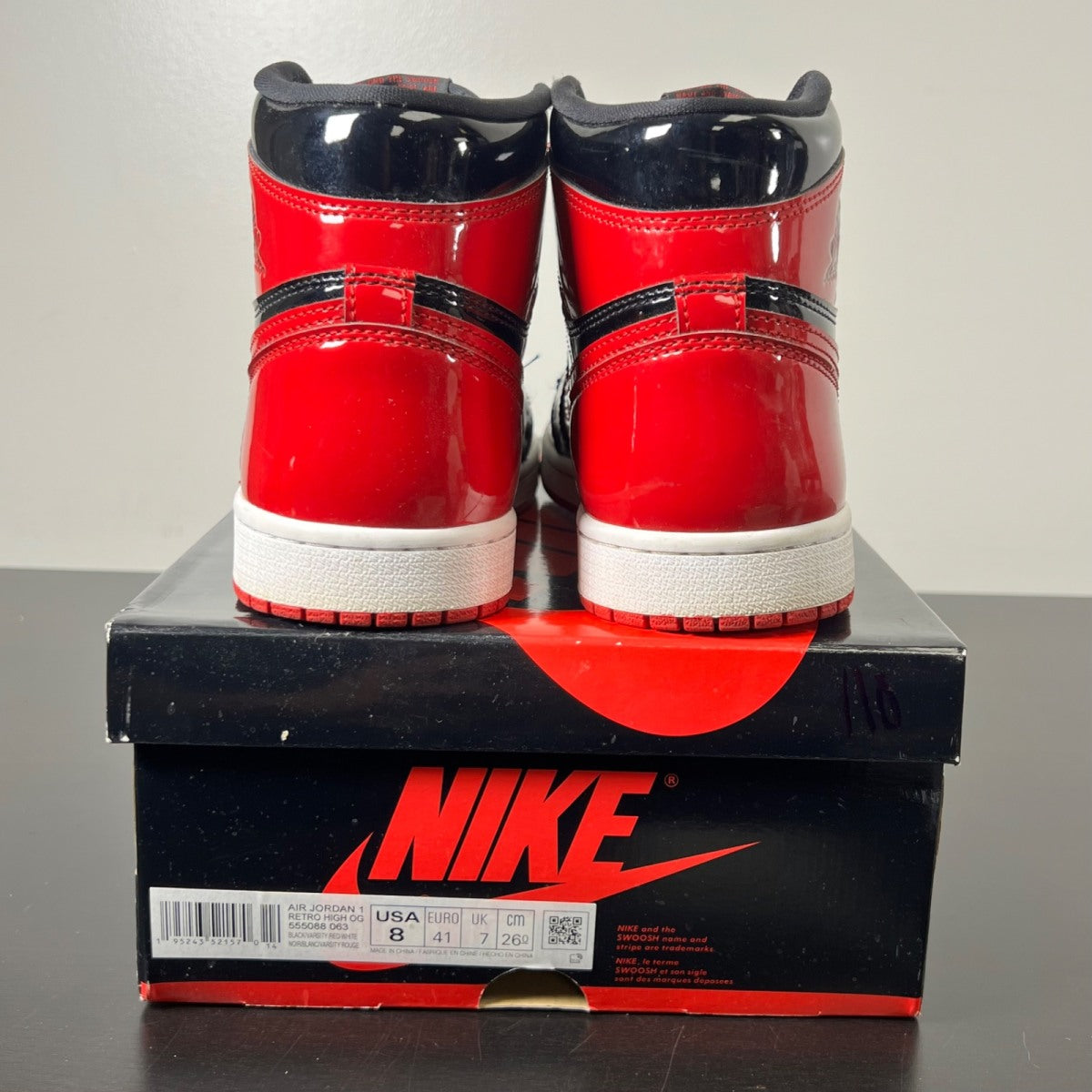 Jordan 1 Retro High OG Patent Bred 8 (Lightly Worn Pre-Owned)JordanBlack/White-Varsity Red - Image 4