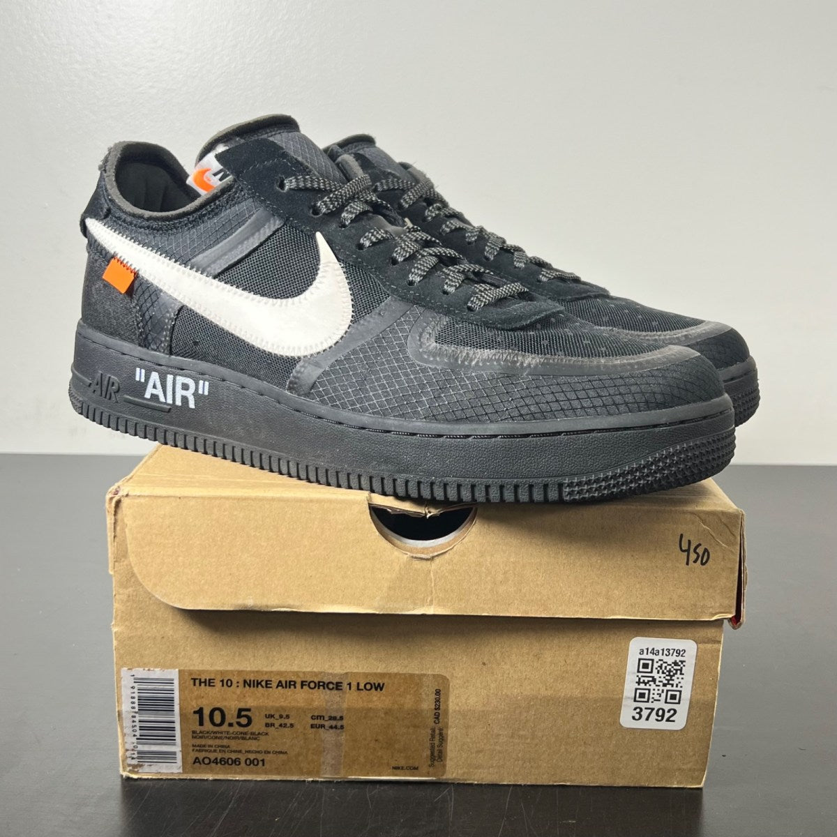 Nike Air Force 1 Low Off-White Black White 10.5 (Lightly Worn Pre-Owned)NikeBlack/White-Cone-Black - Image 1