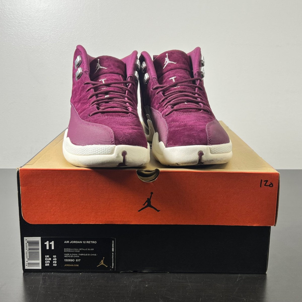 Jordan 12 Retro Bordeaux 11 (Lightly Worn Pre-Owned)JordanBordeaux/Sail-Metallic Silver - Image 2