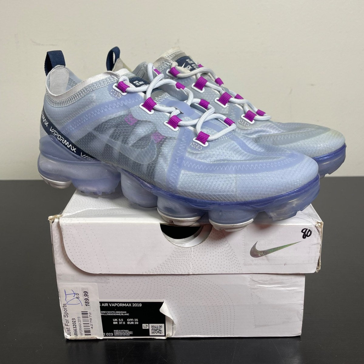 Nike Air VaporMax 2019 Football Grey Obsidian (Women's) 8W (Moderately Worn Pre-Owned)NikeFootball Grey/Obsidian-Metallic Silver-White - Image 1