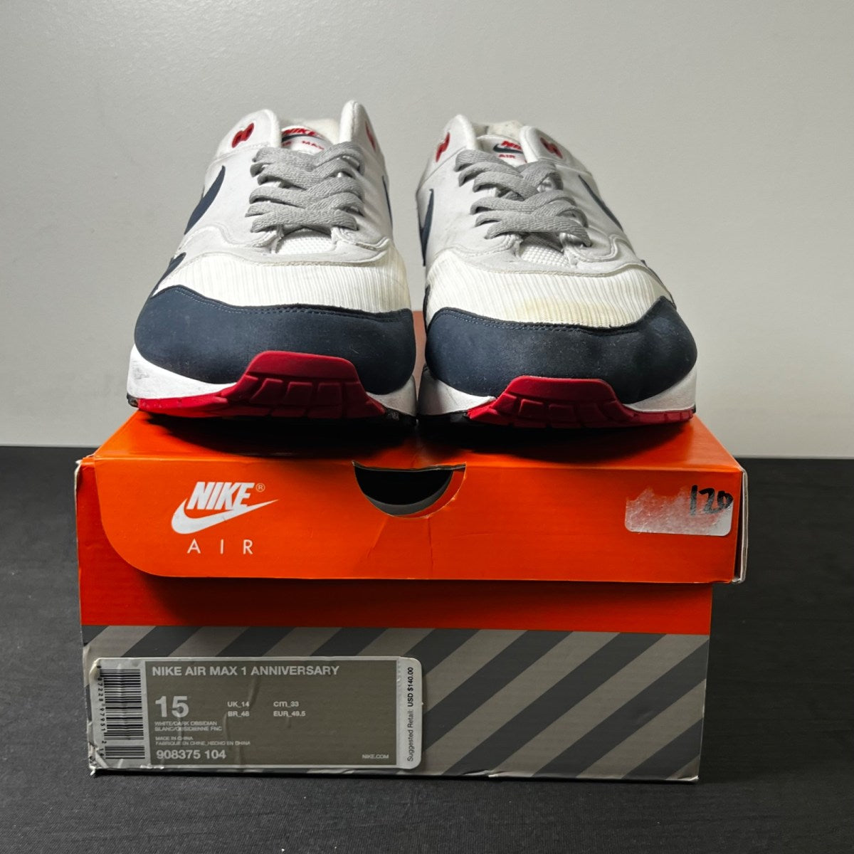 Nike Air Max 1 Anniversary Obsidian 15 (Moderately Worn Pre-Owned)NikeWhite/Dark Obsidian-Neutral Grey-Black - Image 2