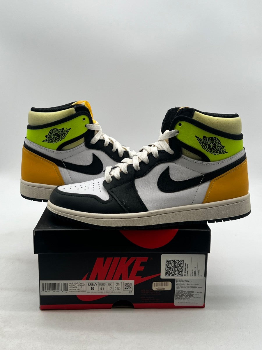 Jordan 1 Retro High White Black Volt University Gold 8 (Lightly Worn Pre-Owned) - Image 1