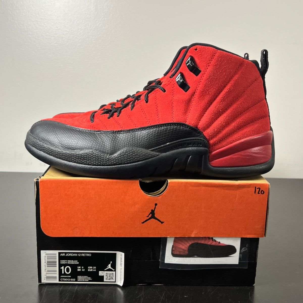 Jordan 12 Retro Reverse Flu Game 10 (Lightly Worn Pre-Owned)JordanVarsity Red/Black - Image 3