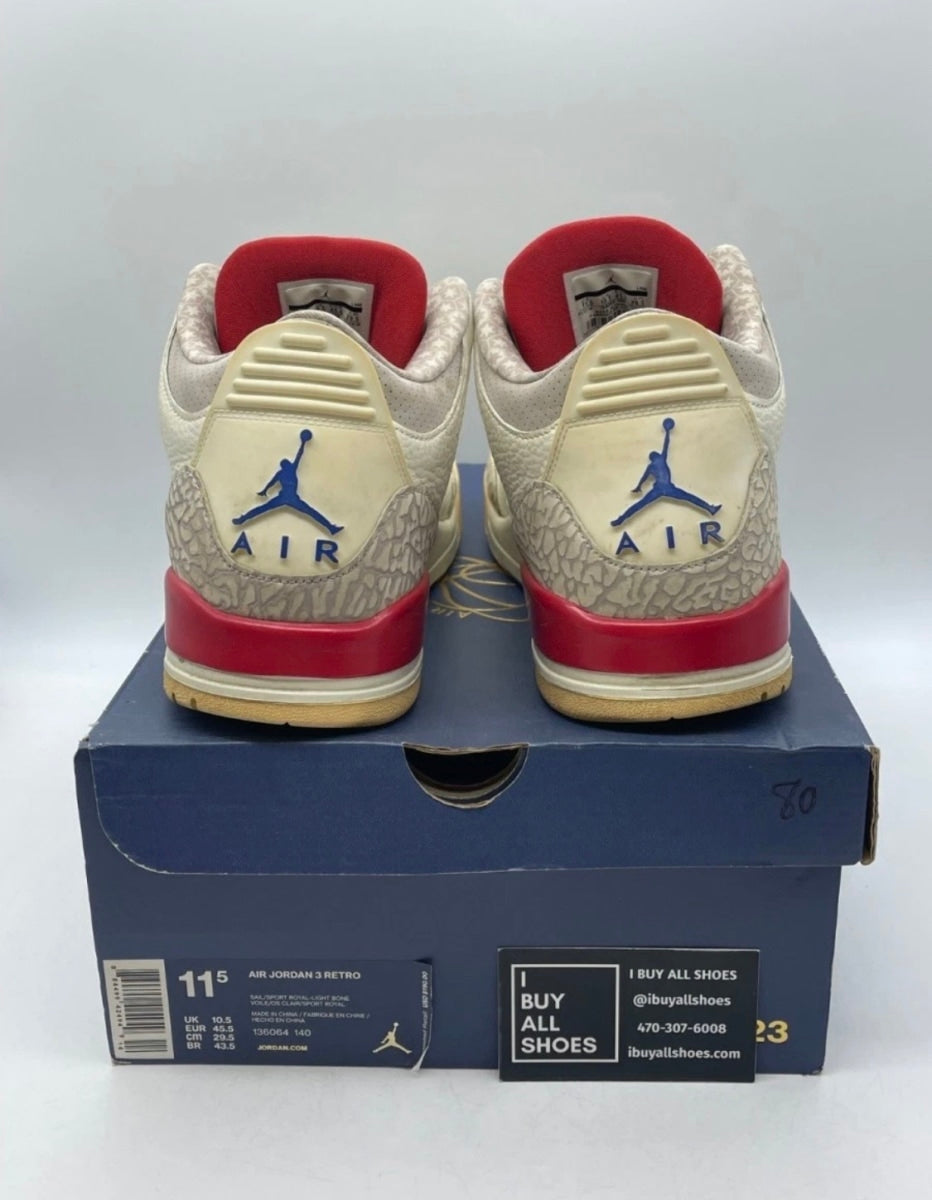 Jordan 3 Retro International Flight 11.5 (Heavily Worn Pre-Owned)JordanSail/Sport Royal-Light Bone-Fire Red - Image 3