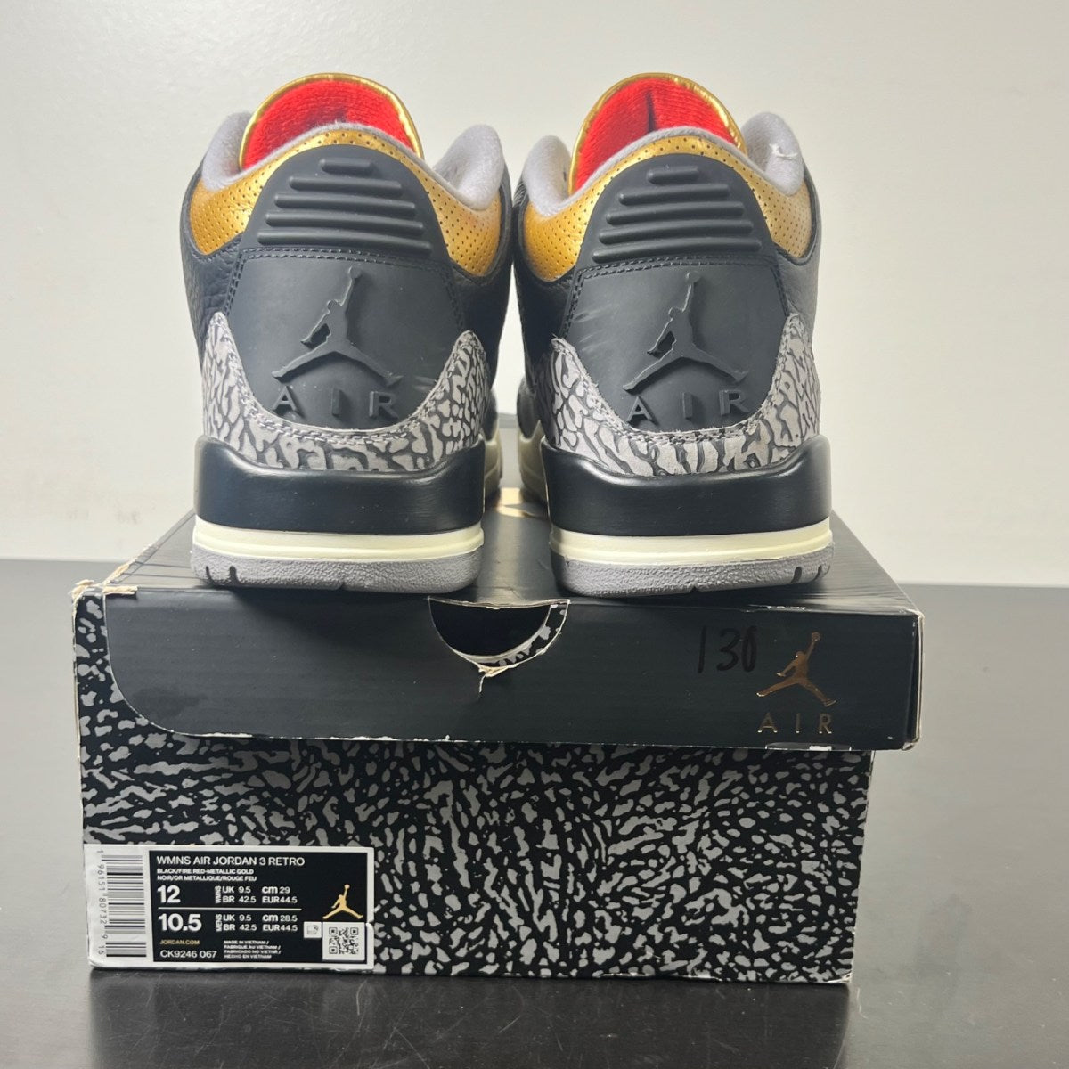Jordan 3 Retro Black Cement Gold (Women's) 12W (Lightly Worn Pre-Owned)JordanBlack/Fire Red/Metallic Gold/Cement Grey - Image 4