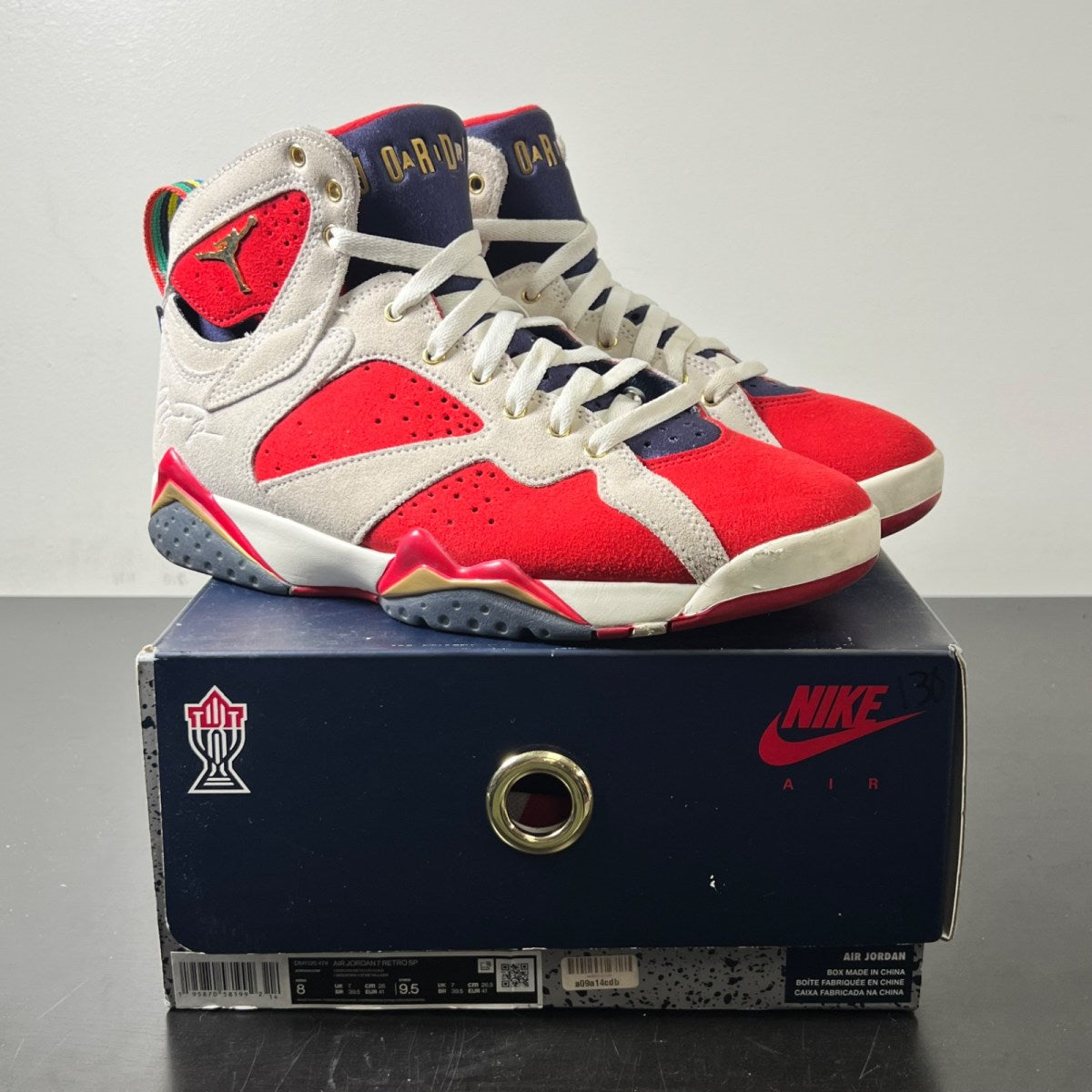 Jordan 7 Retro Trophy Room New Sheriff in Town 8 (Lightly Worn Pre-Owned)JordanObsidian/Dark Obsidian-True Red-Metallic Gold - Image 1