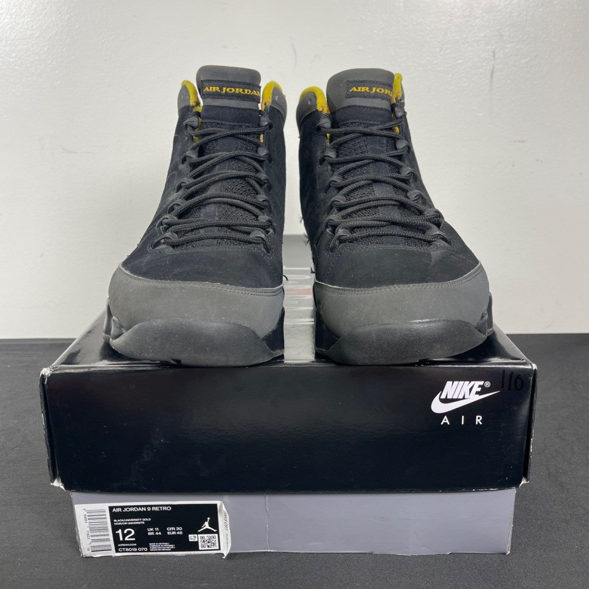 Jordan 9 Retro Dark Charcoal University Gold 12 (Moderately Worn Pre-Owned)JordanBlack/Dark Charcoal-University Gold - Image 2