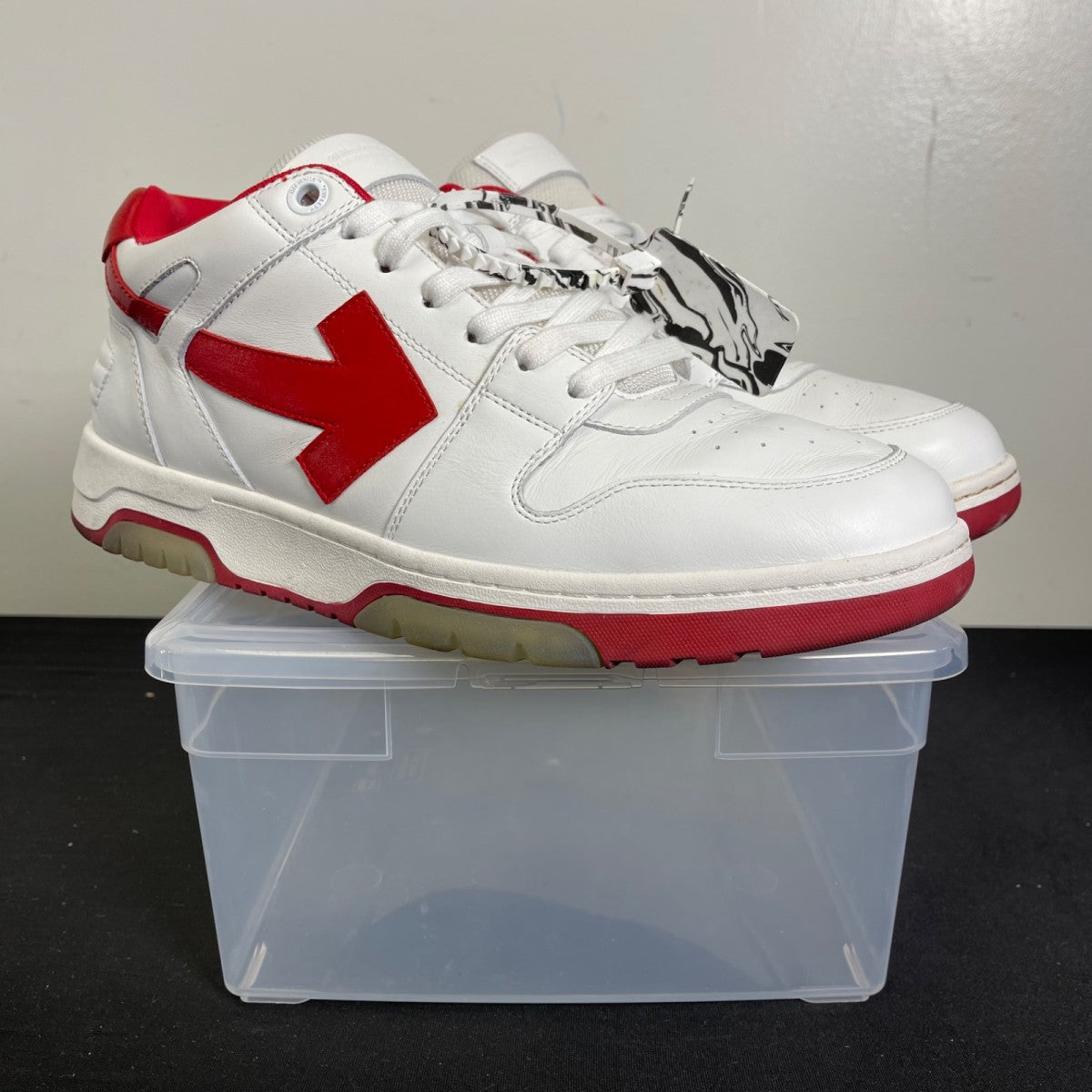 OFF-WHITE Out Of Office OOO Low Tops White Red White Tag 46 (Moderately Worn Pre-Owned)OFF-WHITEWhite/Red - Image 1