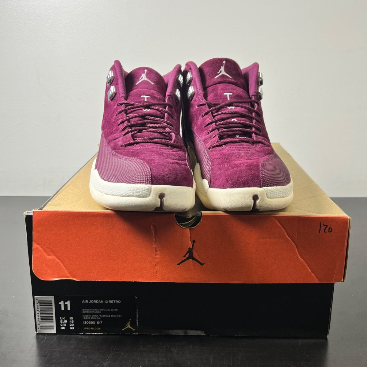 Jordan 12 Retro Bordeaux 11 (Lightly Worn Pre-Owned)JordanBordeaux/Sail-Metallic Silver - Image 2