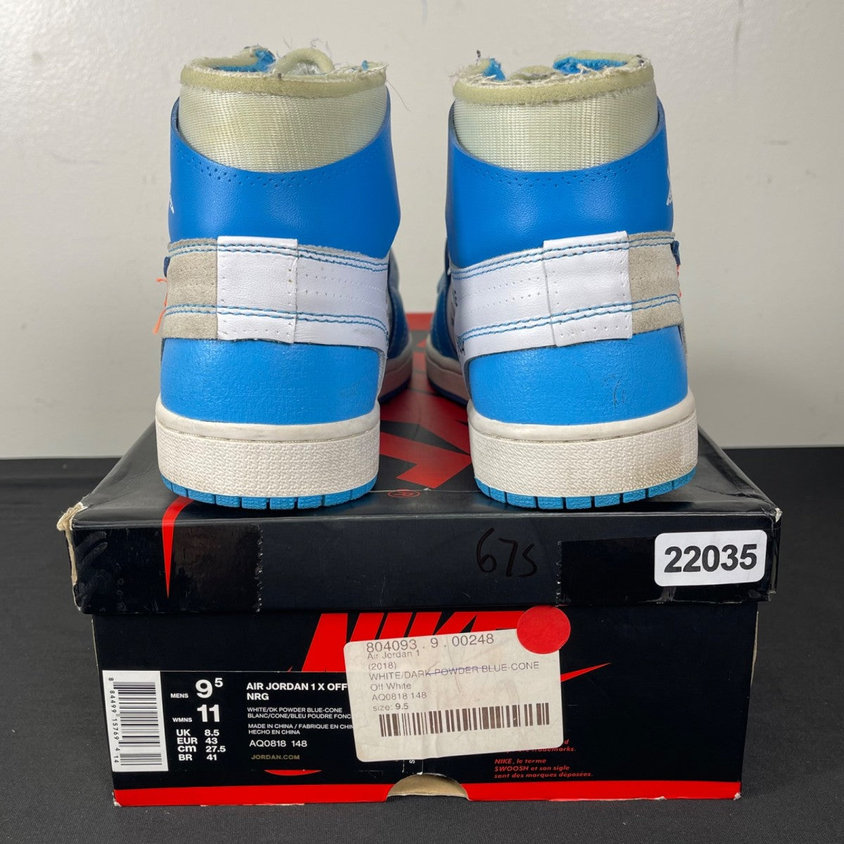 Jordan 1 Retro High Off-White University Blue 9.5 (Moderately Worn Pre-Owned)JordanWhite/Dark Powder Blue-Cone - Image 4
