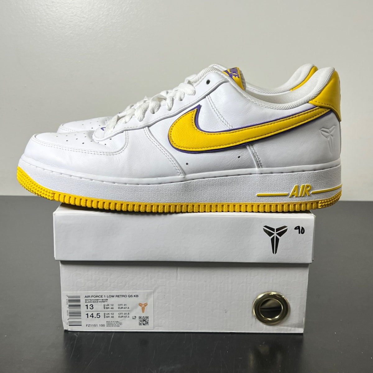 Nike Air Force 1 Low Retro QS Kobe Bryant Lakers Home 13 (Moderately Worn Pre-Owned)NikeWhite/Varsity Maize/Varsity Purple - Image 3