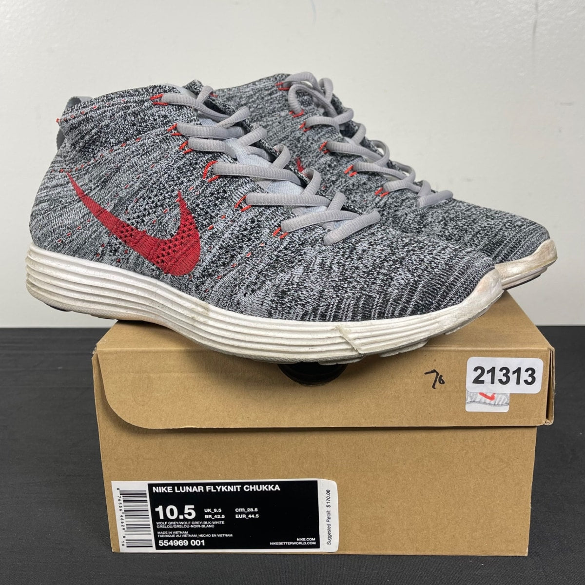 Nike Lunar Flyknit Chukka Wolf Grey Red 10.5 (Moderately Worn Pre-Owned)NikeWolf Grey/Wolf Grey-Black-White - Image 1