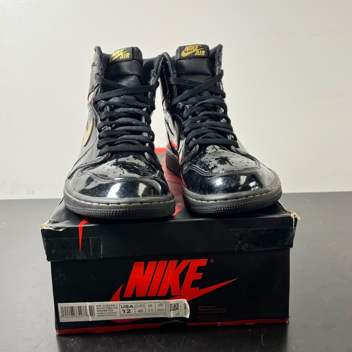 Jordan 1 Retro High Black Metallic Gold (2020) 12 (Heavily Worn Pre-Owned)JordanBlack/Black-Metallic Gold - Image 2
