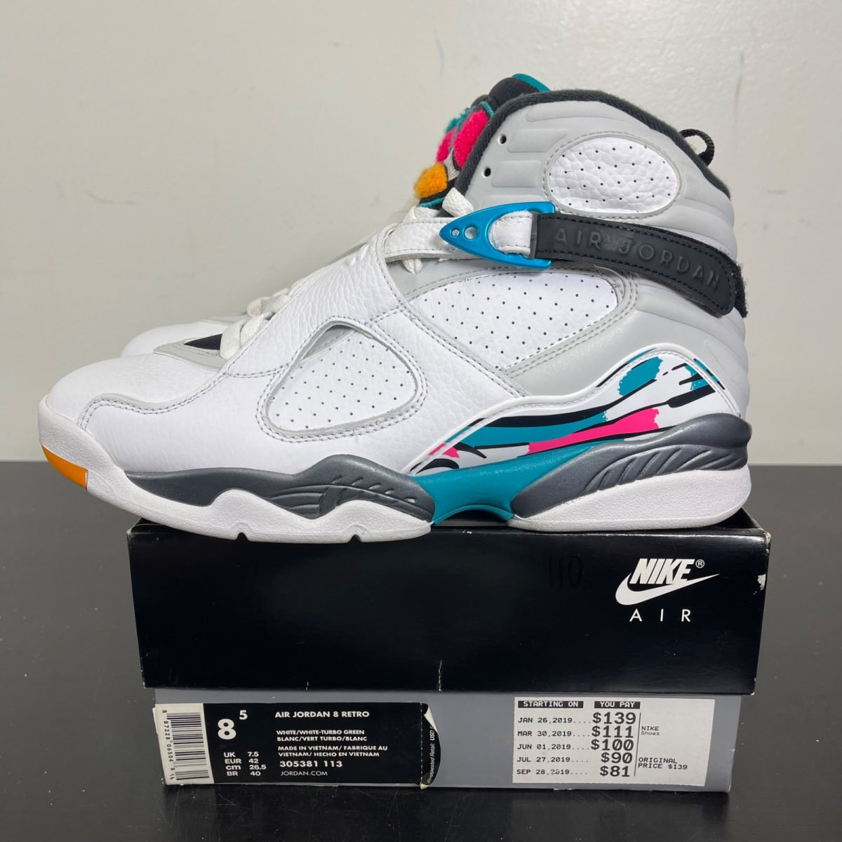 Jordan 8 Retro South Beach 8.5 (Moderately Worn Pre-Owned)JordanWhite/White-Turbo Green-Neutral Grey - Image 3