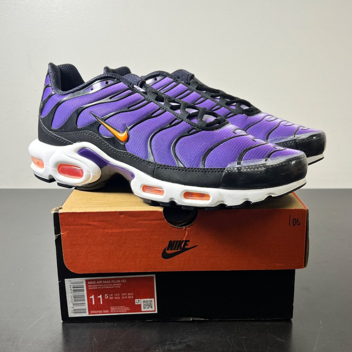 Nike Air Max Plus OG Voltage Purple (2024) 11.5 (Lightly Worn Pre-Owned)NikeVoltage Purple/Total Orange/Purple Agate - Image 1