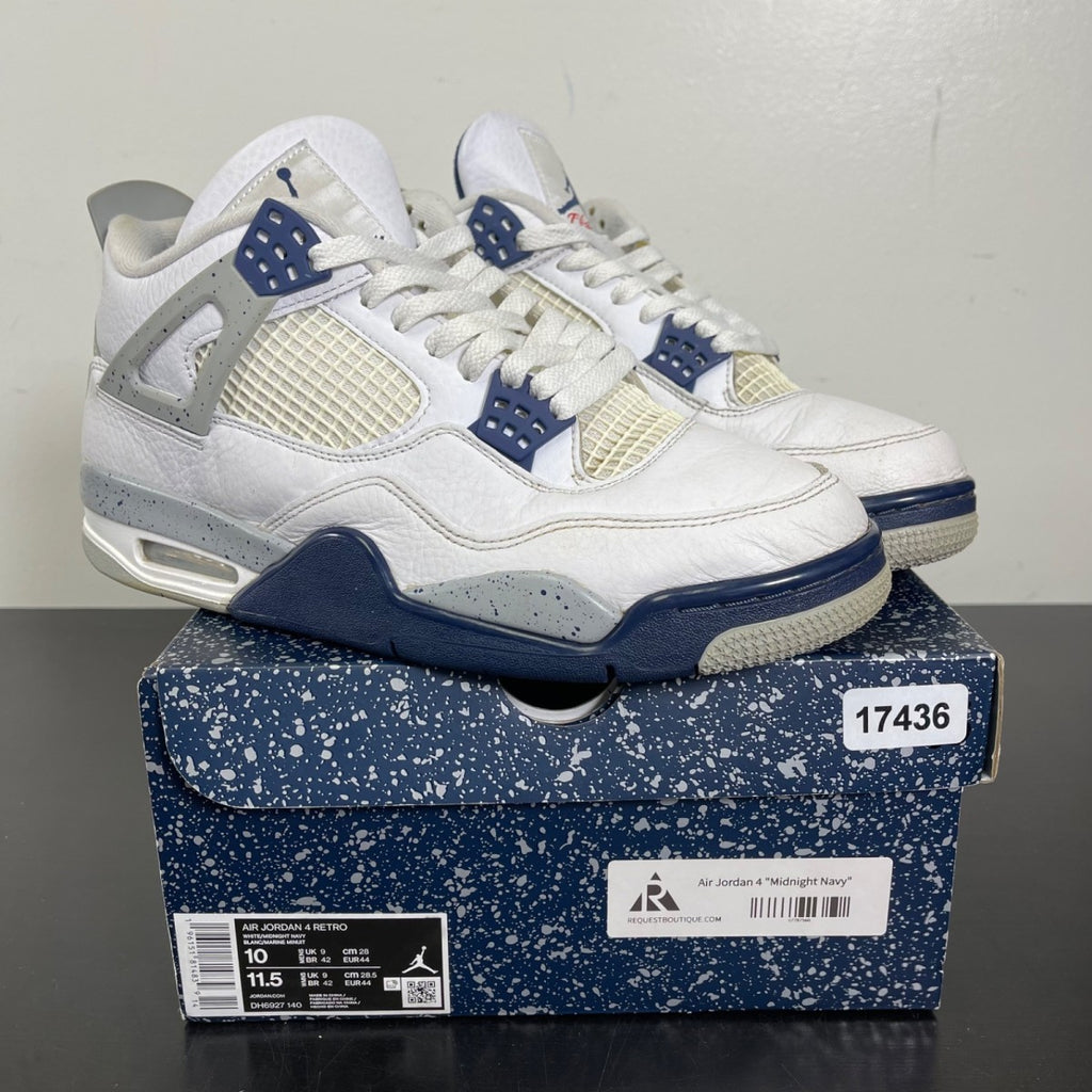 Jordan 4 Retro Midnight Navy 10 (Moderately Worn Pre-Owned)JordanWhite/Midnight Navy/Light Smoke Grey-Fire Red - Image 1