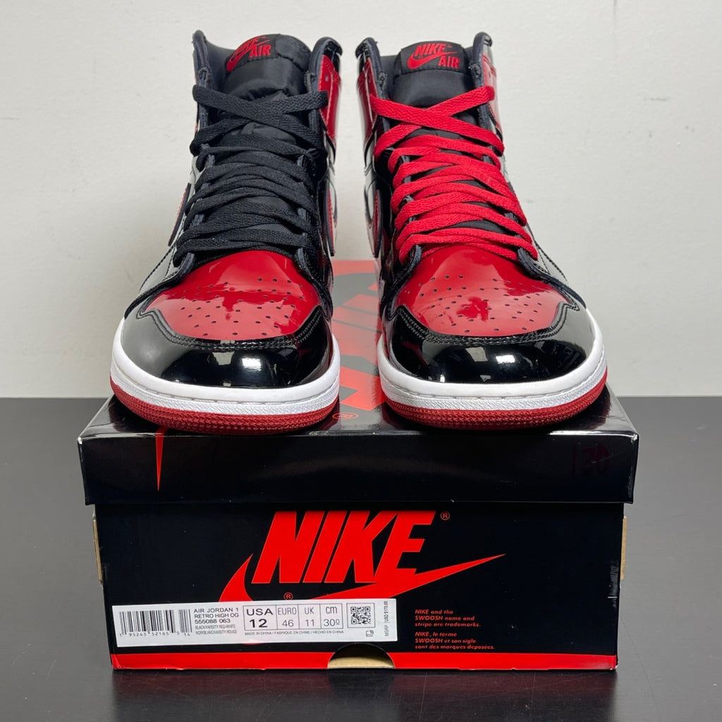 Jordan 1 Retro High OG Patent Bred 12 (Moderately Worn Pre-Owned)JordanBlack/White-Varsity Red - Image 2