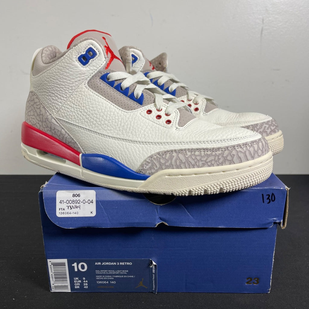 Jordan 3 Retro International Flight 10 (Moderately Worn Pre-Owned)JordanSail/Sport Royal-Light Bone-Fire Red - Image 1