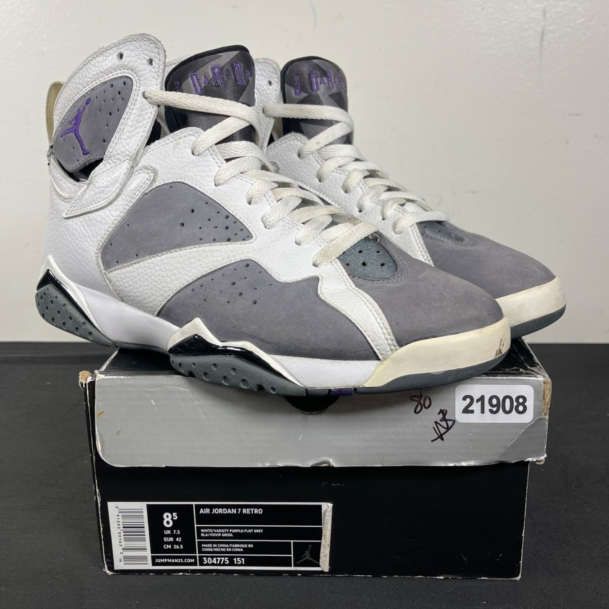Jordan 7 Retro Flint 8.5 (Moderately Worn Pre-Owned)JordanWhite/Varsity Purple-Flint Grey - Image 1