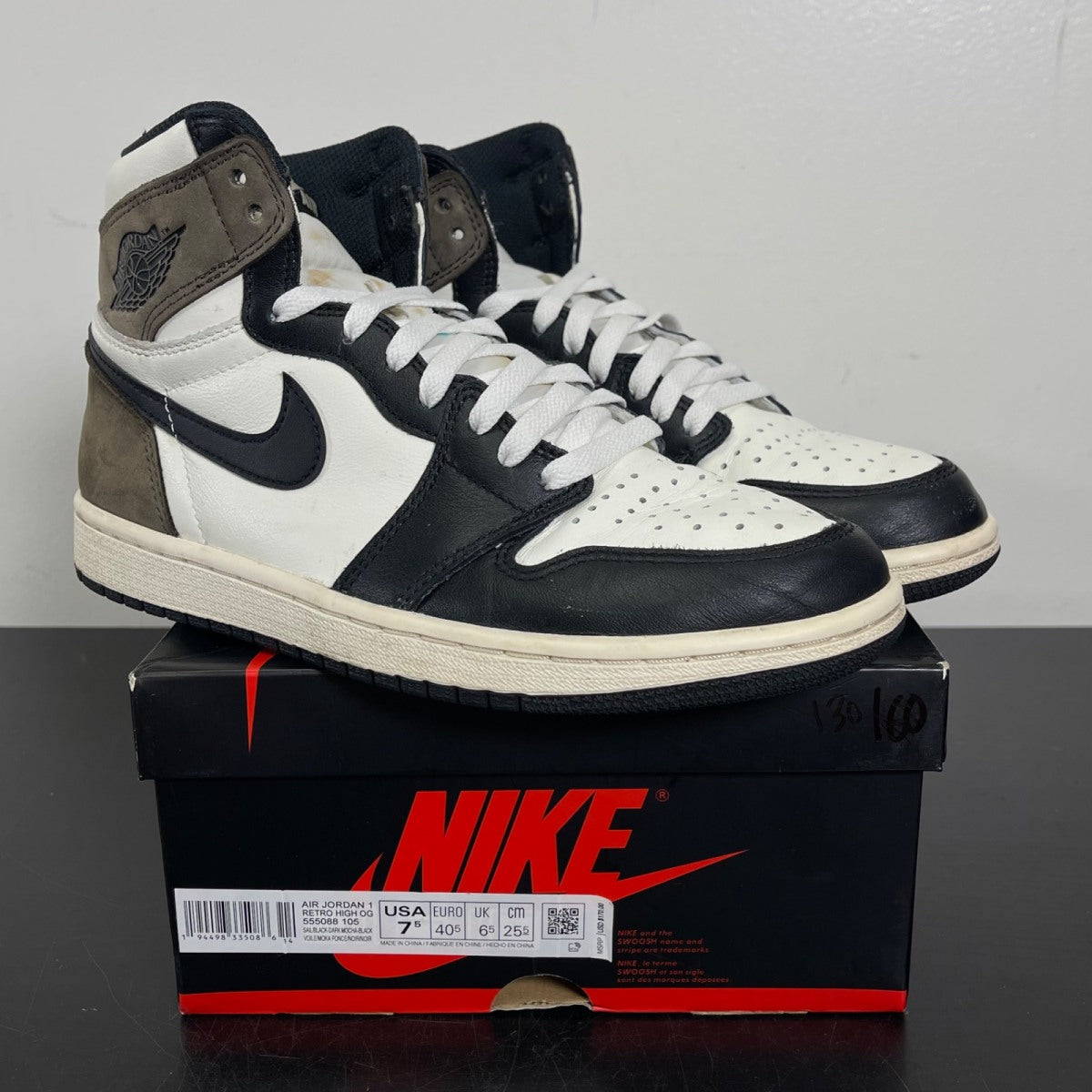Jordan 1 Retro High Dark Mocha 7.5 (Moderately Worn Pre-Owned)JordanSail/Dark Mocha-Black-Black - Image 1