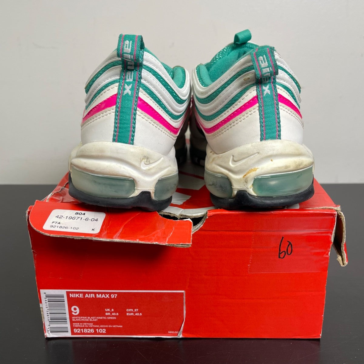 Nike Air Max 97 South Beach 9 (Moderately Worn Pre-Owned)NikeWhite/Pink Blast-Kinetic Green-Black - Image 4