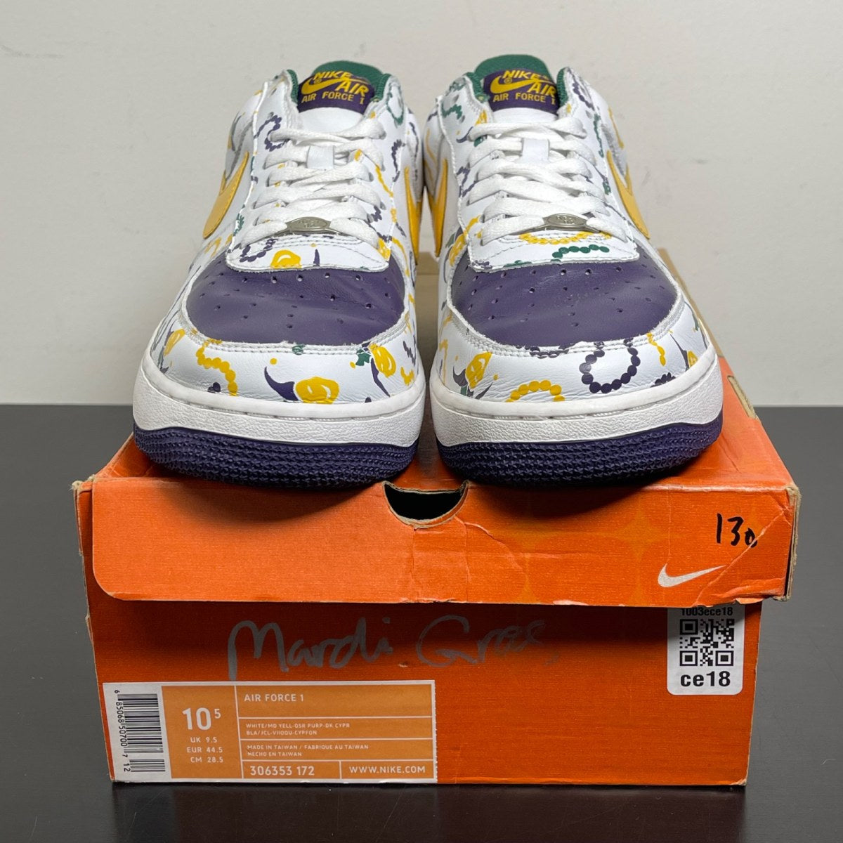 Nike Air Force 1 Low Mardi Gras 10.5 (Moderately Worn Pre-Owned)NikeWhite/Medium Yell-Purp-Dark Cypress - Image 2
