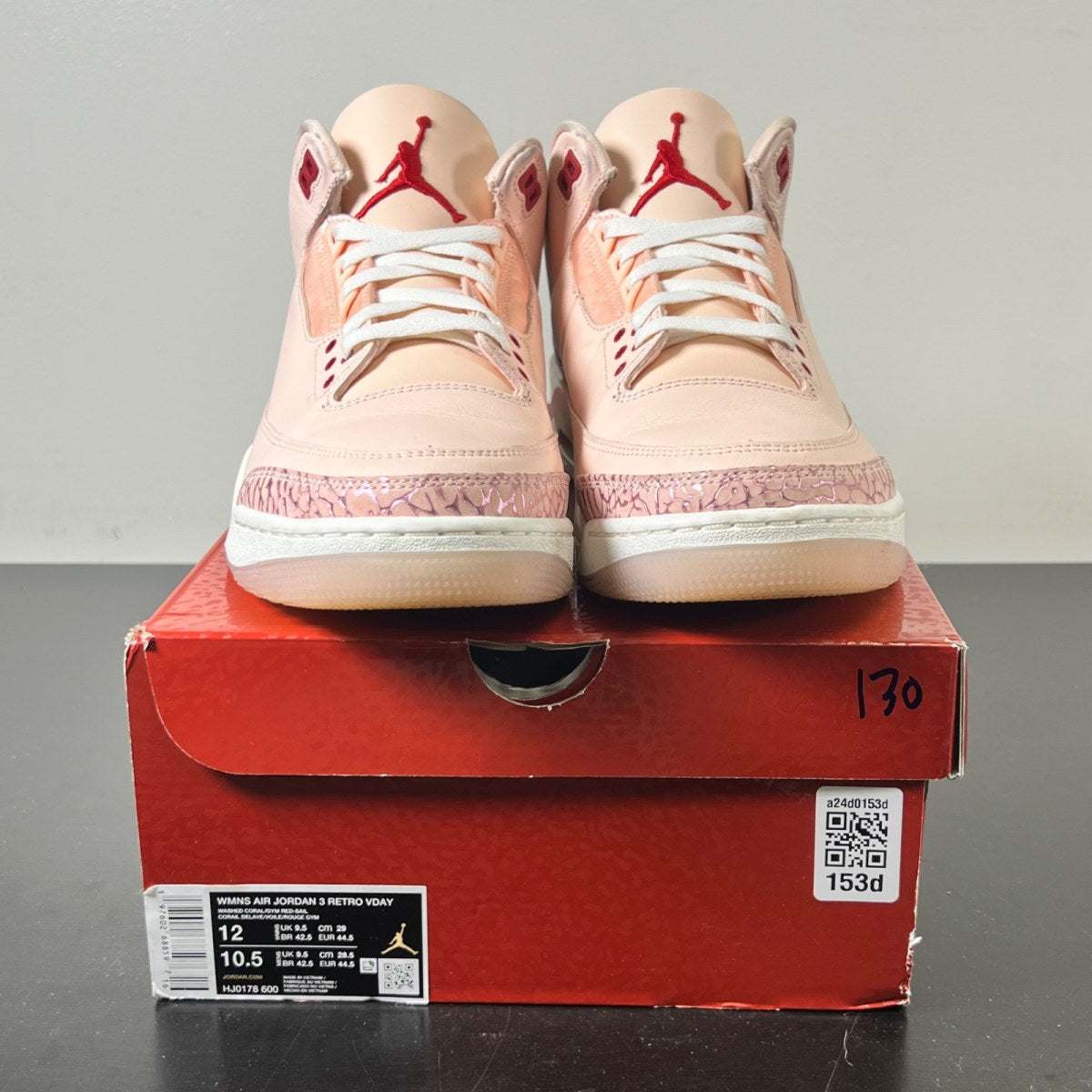 Jordan 3 Retro Valentine's Day Treat Yourself (2025) (Women's) 12W (Lightly Worn Pre-Owned)JordanWashed Coral/Gym Red/Sail - Image 2