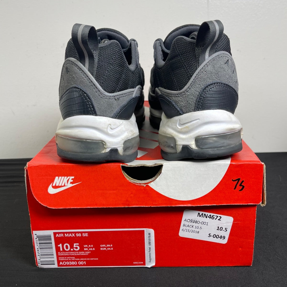 Nike Air Max 98 Black Anthracite 10.5 (Moderately Worn Pre-Owned)NikeBlack/Anthracite-Dark Grey-White - Image 4