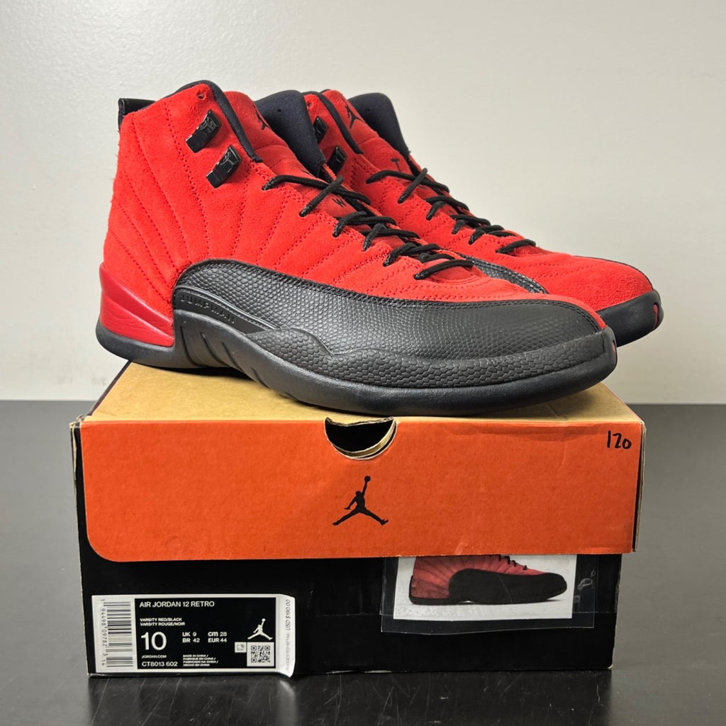Jordan 12 Retro Reverse Flu Game 10 (Lightly Worn Pre-Owned)JordanVarsity Red/Black - Image 1