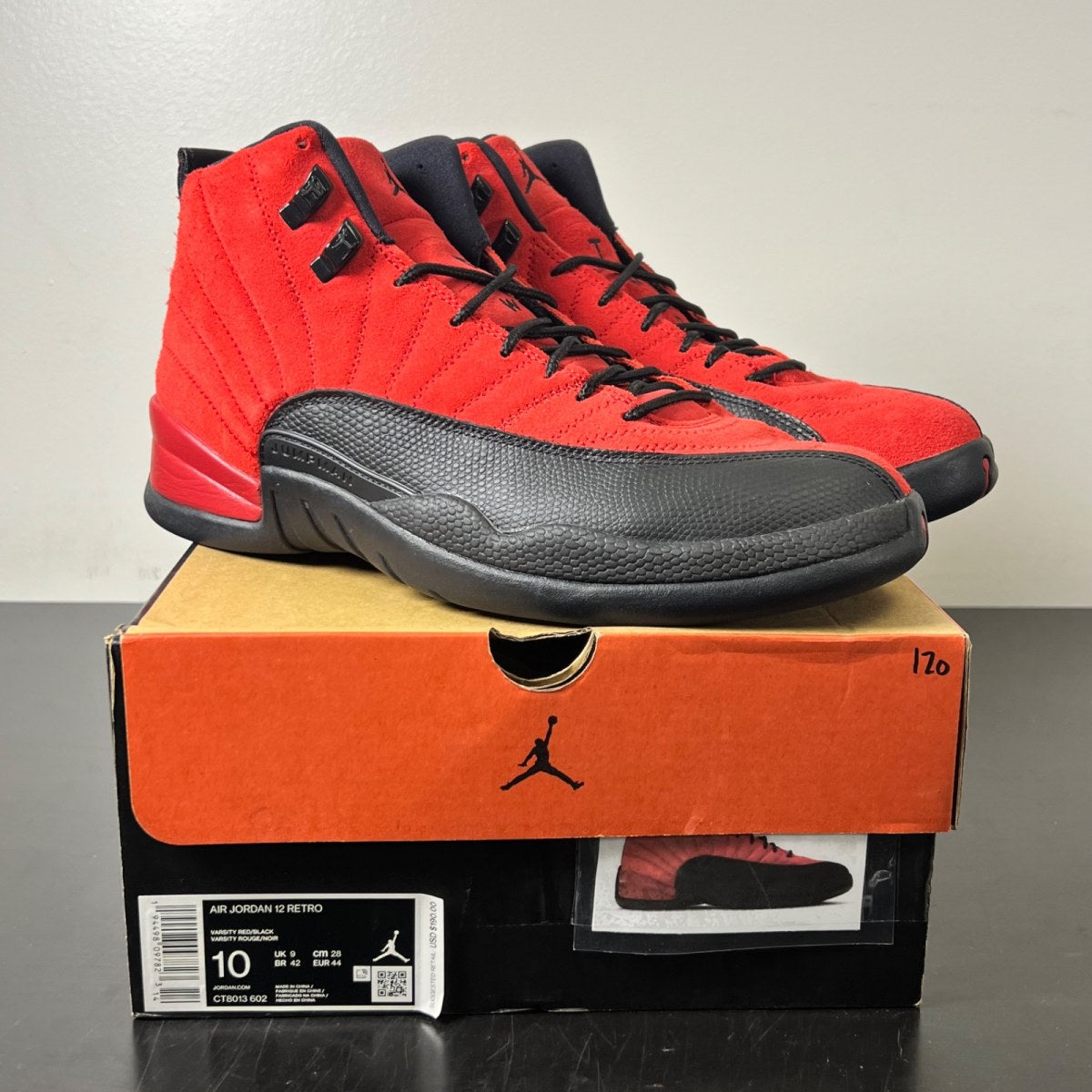 Jordan 12 Retro Reverse Flu Game 10 (Lightly Worn Pre-Owned)JordanVarsity Red/Black - Image 1
