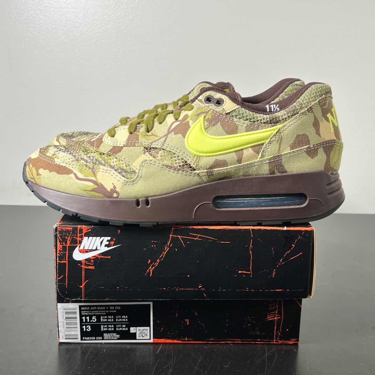 Nike Air Max 1 '86 OG Camo Light Lemon Twist 11.5 (Lightly Worn Pre-Owned)NikeEarth/Light Lemon Twist/Oil Green - Image 3