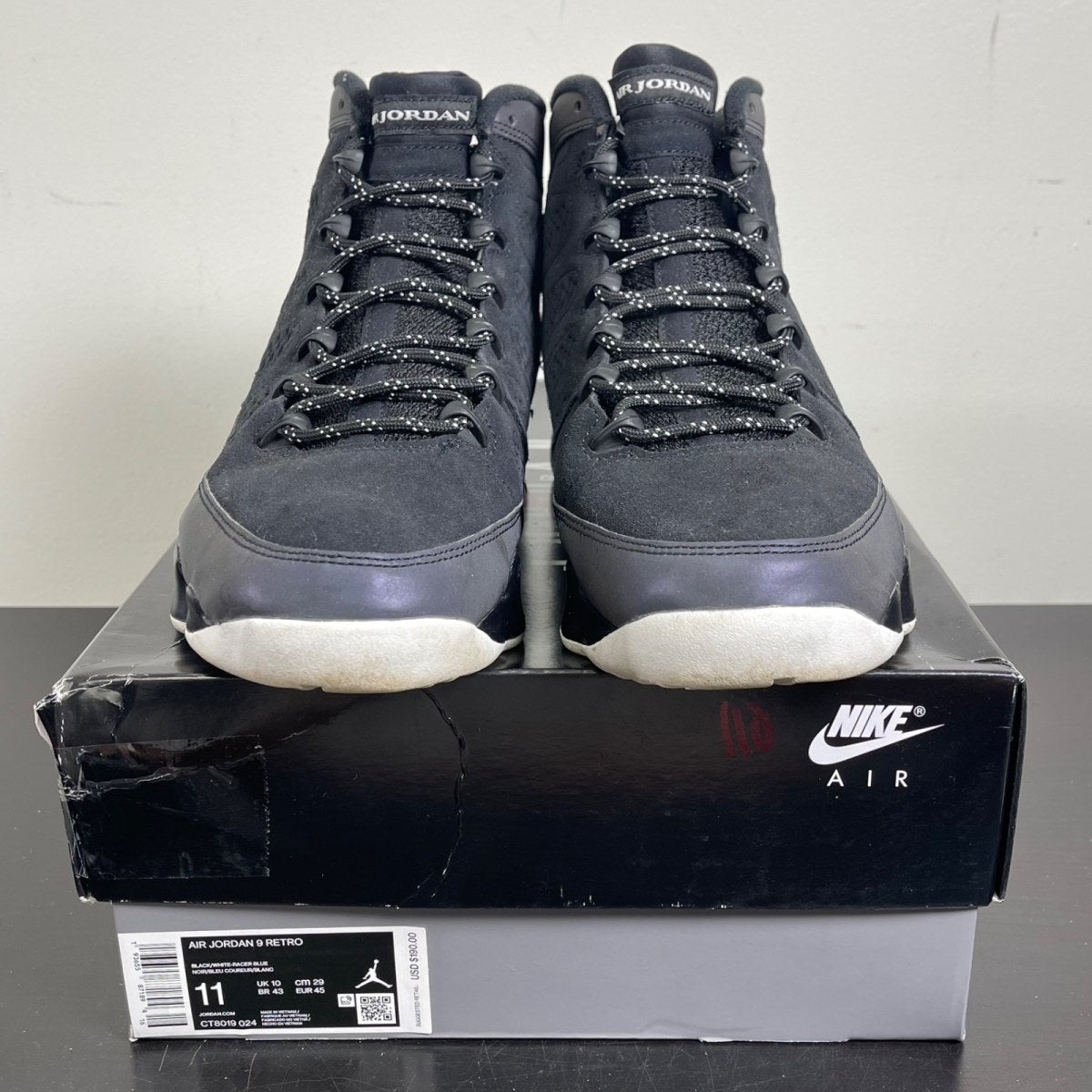 Jordan 9 Retro Racer Blue 11 (Moderately Worn Pre-Owned)JordanBlack/White-Racer Blue - Image 2