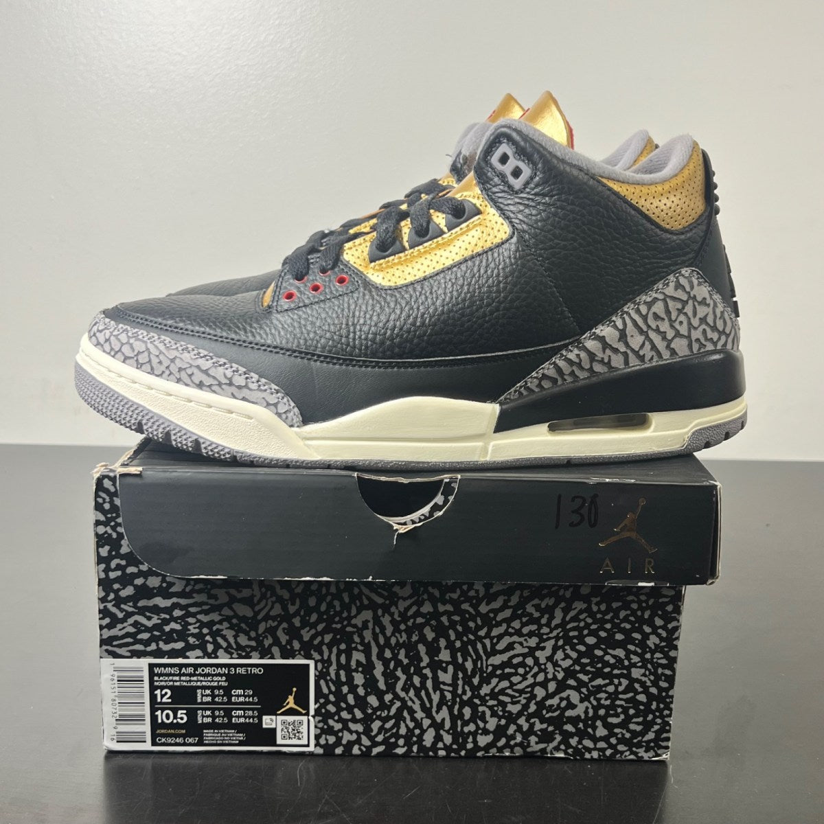 Jordan 3 Retro Black Cement Gold (Women's) 12W (Lightly Worn Pre-Owned)JordanBlack/Fire Red/Metallic Gold/Cement Grey - Image 3