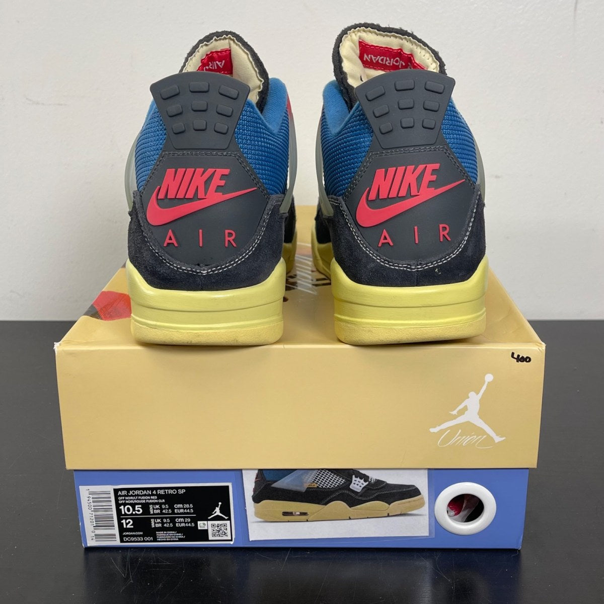 Jordan 4 Retro Union Off Noir 10.5 (Moderately Worn Pre-Owned)JordanOff-Noir/Brigade Blue-Dark Smoke Grey-Light Fusion Red - Image 4