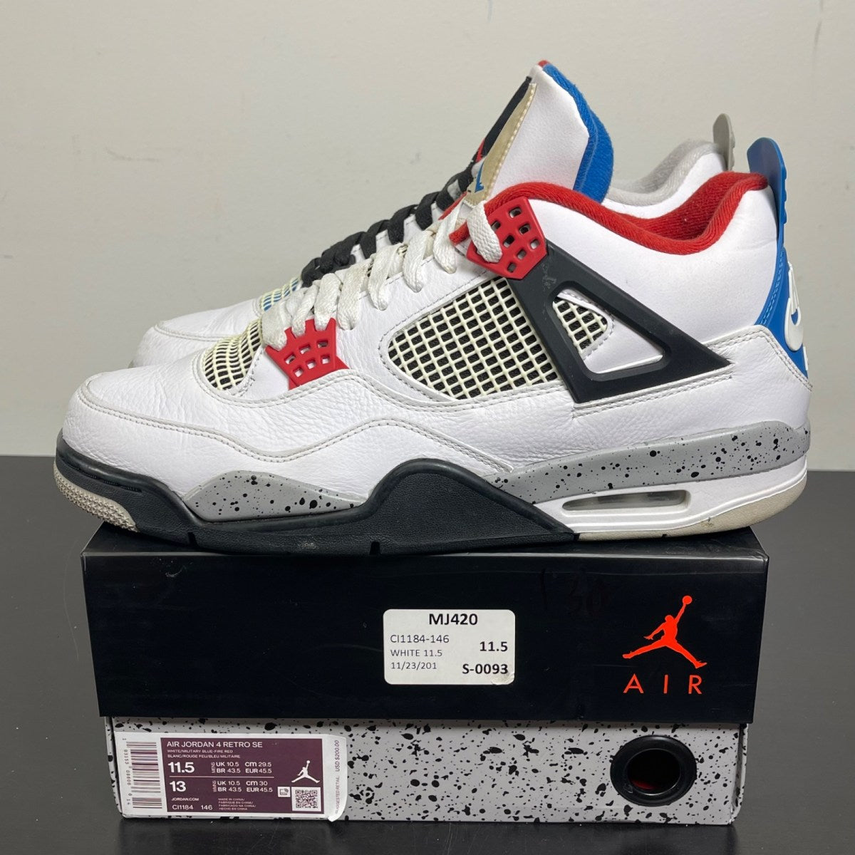 Jordan 4 Retro What The 11.5 (Moderately Worn Pre-Owned)JordanWhite/Military Blue-Fire Red-Black-Cement Grey - Image 3