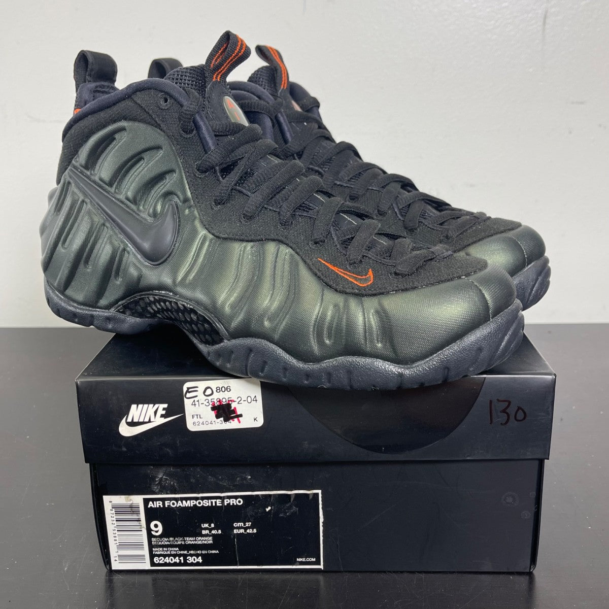 Nike Air Foamposite Pro Sequoia 9 (Moderately Worn Pre-Owned)NikeSequoia/Black-Team Orange - Image 1