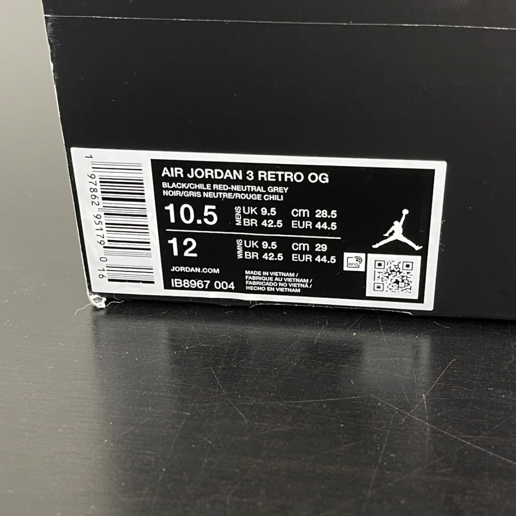 Jordan 3 Retro OG Rare Air 10.5 (Moderately Worn Pre-Owned)JordanBlack/Chile Red/Neutral Grey/Military Blue/Coconut Milk - Image 7