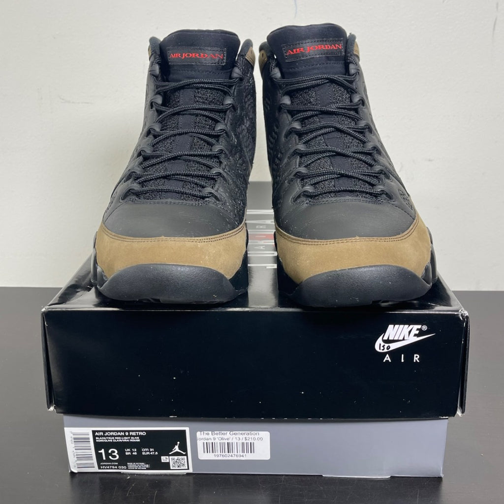 Jordan 9 Retro Olive (2024) 13 (Moderately Worn Pre-Owned)JordanBlack/True Red/Light Olive - Image 2
