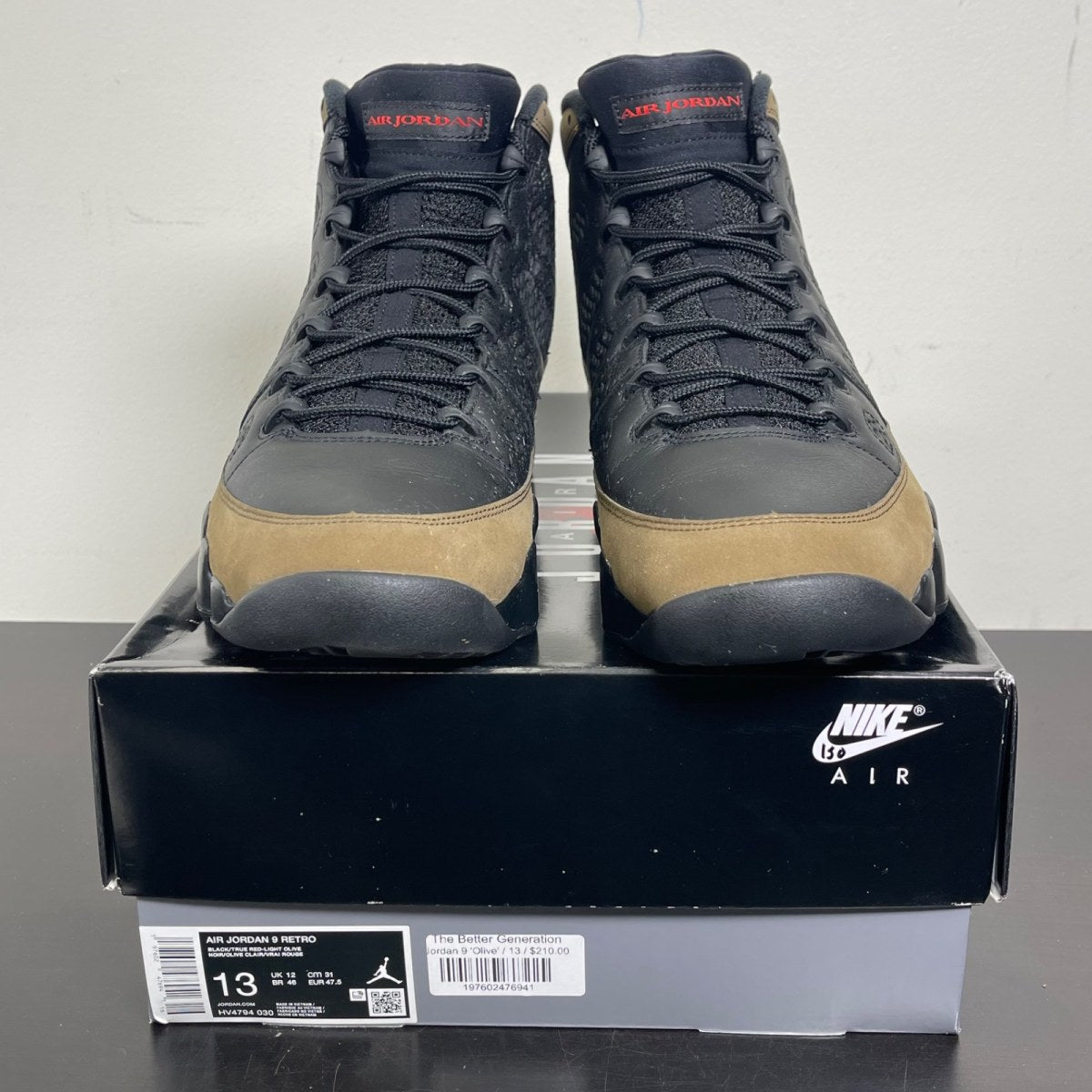 Jordan 9 Retro Olive (2024) 13 (Moderately Worn Pre-Owned)JordanBlack/True Red/Light Olive - Image 2