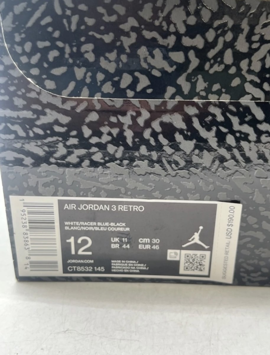 Jordan 3 Retro Racer Blue 12 (Lightly Worn Pre-Owned)JordanWhite/Black-Cement Grey-Racer Blue - Image 7