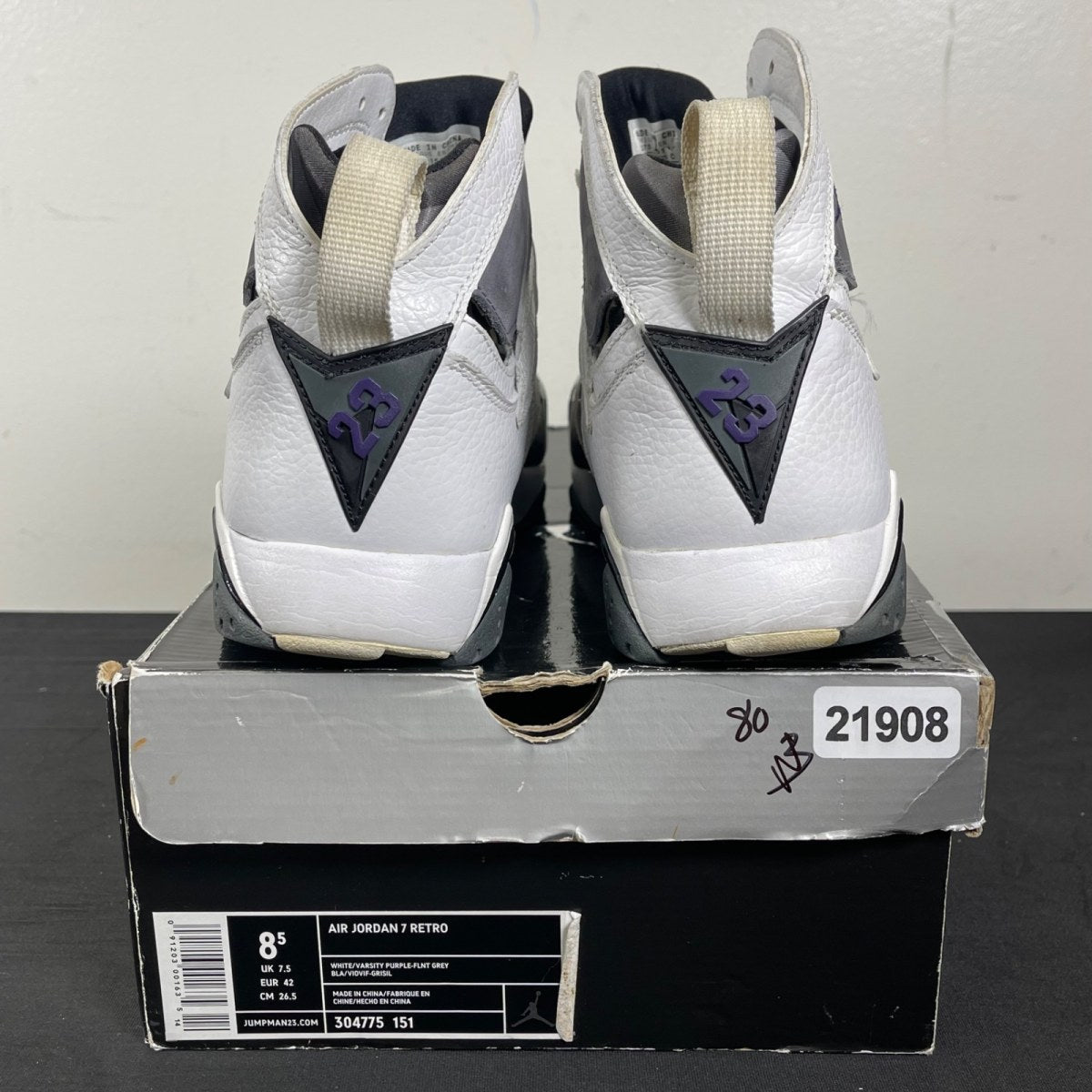 Jordan 7 Retro Flint 8.5 (Moderately Worn Pre-Owned)JordanWhite/Varsity Purple-Flint Grey - Image 4