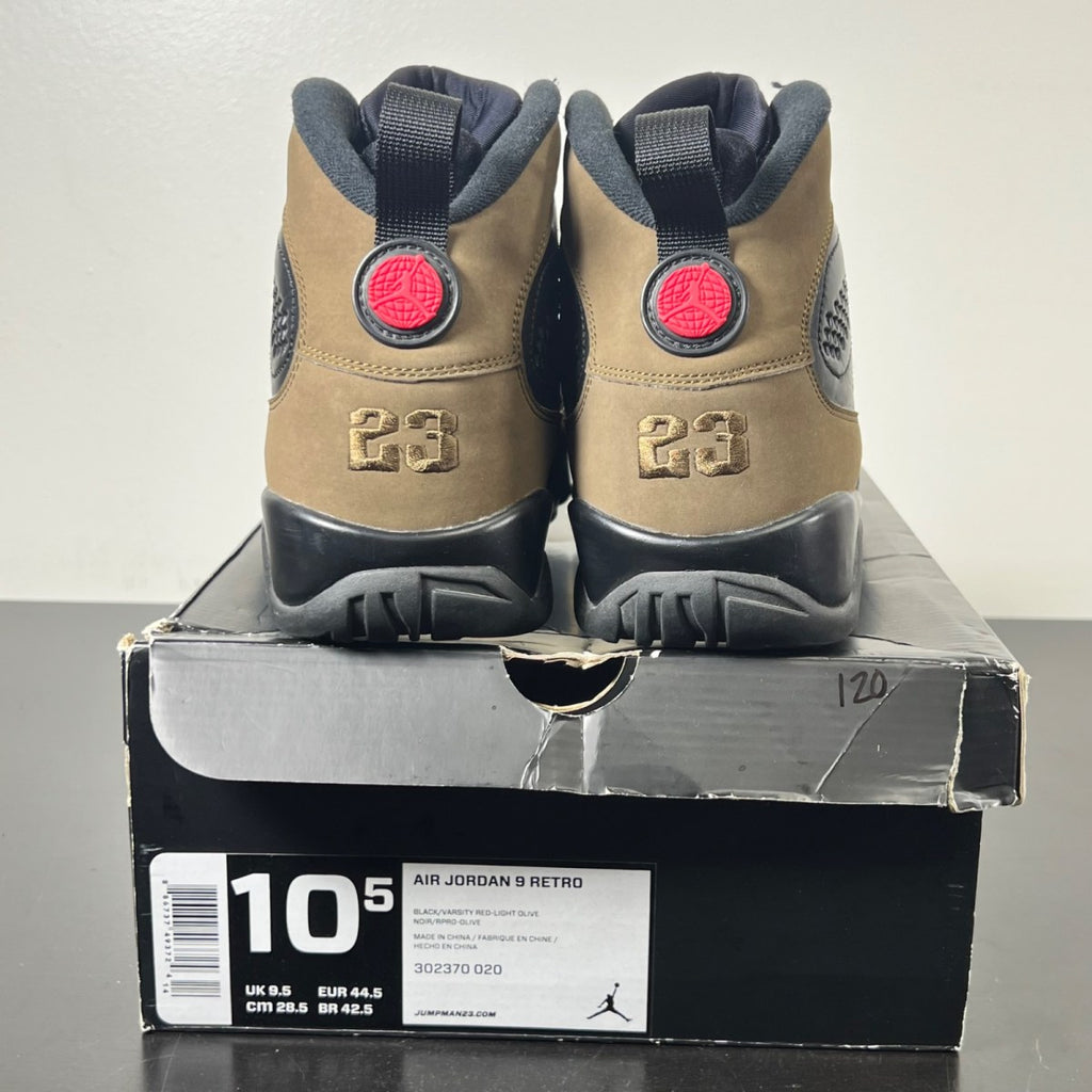 Jordan 9 Retro Olive (2012) 10.5 (Moderately Worn Pre-Owned)JordanBlack/Light Olive-Varsity Red - Image 5