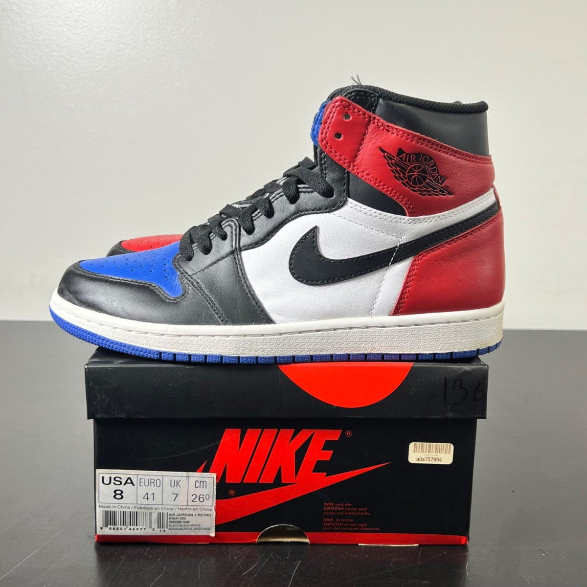 Jordan 1 Retro Top 3 8 (Lightly Worn Pre-Owned)JordanBlack/Varsity Red-Varsity Royal - Image 3