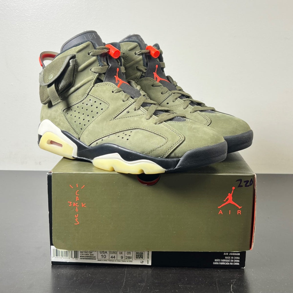 Jordan 6 Retro Travis Scott 10 (Lightly Worn Pre-Owned)JordanMedium Olive/Black-Sail-University Red - Image 1