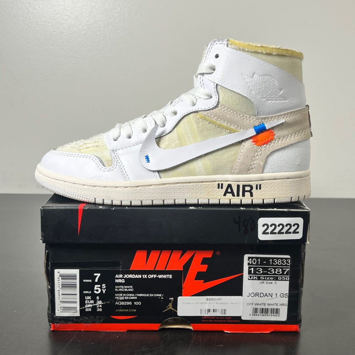Jordan 1 Retro High Off-White Euro (GS) 7Y (Lightly Worn Pre-Owned)JordanWhite/White - Image 3