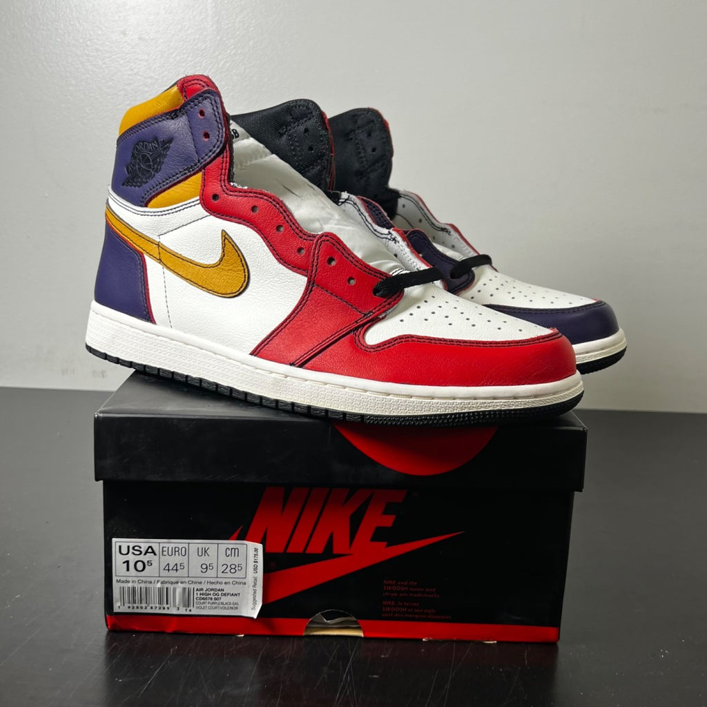 Jordan 1 Retro High OG Defiant SB LA to Chicago 10.5 (VNDS Pre-Owned)JordanCourt Purple/Black-Sail-University Gold - Image 1